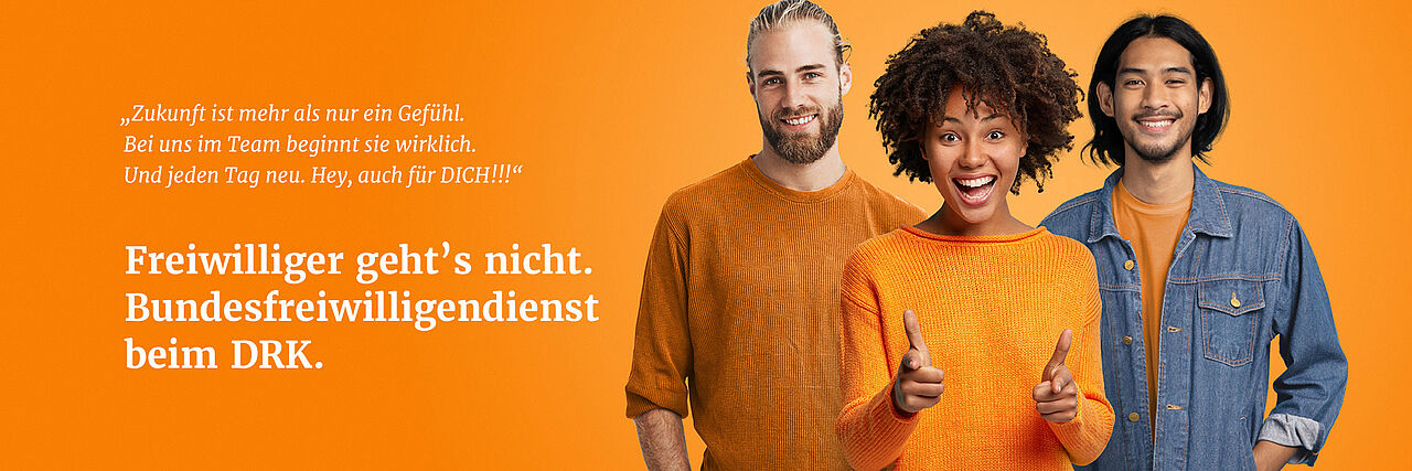 Banner_Bundesfreiwilligendienst_orange Bundesfreiwilligendienst - drei junge Menschen
