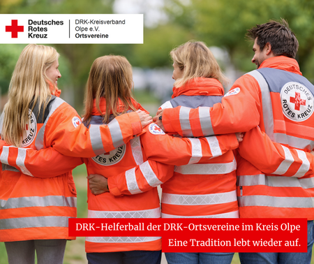 Veranstaltung: DRK-Helferball im Kreis Olpe lebt wieder auf Eine starke Gemeinschaft des Ehrenamtes. Vier Personen in Rotkreuz-Uniform bilden eine Reihe und sie umarmen sich.