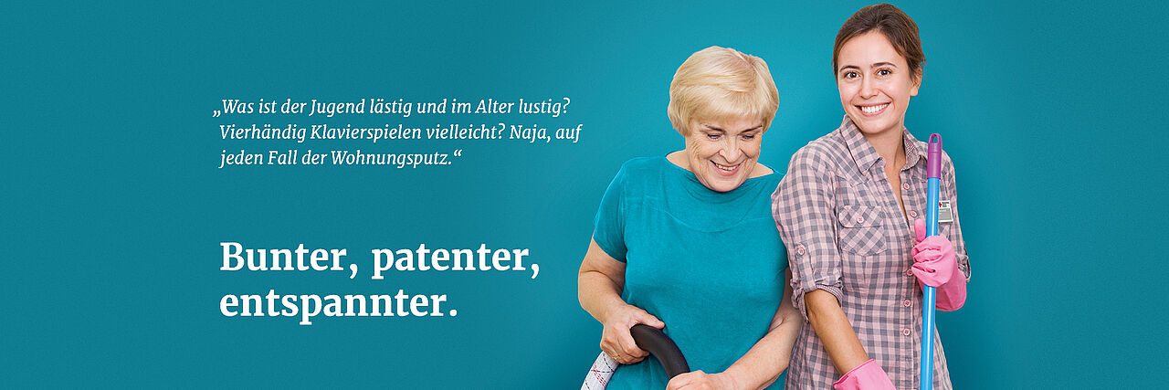 Banner_Hauswirtschaftliche-Hilfen_blau Hauswirtschaftliche Hilfen - Fachkraft hilft Seniorin beim Hausputz