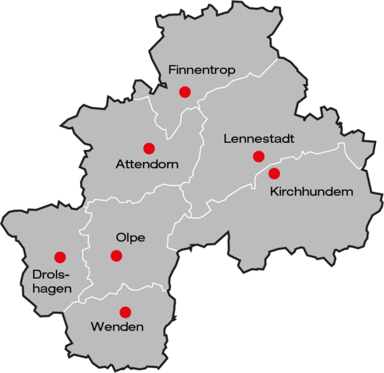 Karte der DRK-Ortsvereine im Kreis Olpe Eine Landkarte mit den DRK-Ortsvereinen im Kreis Olpe